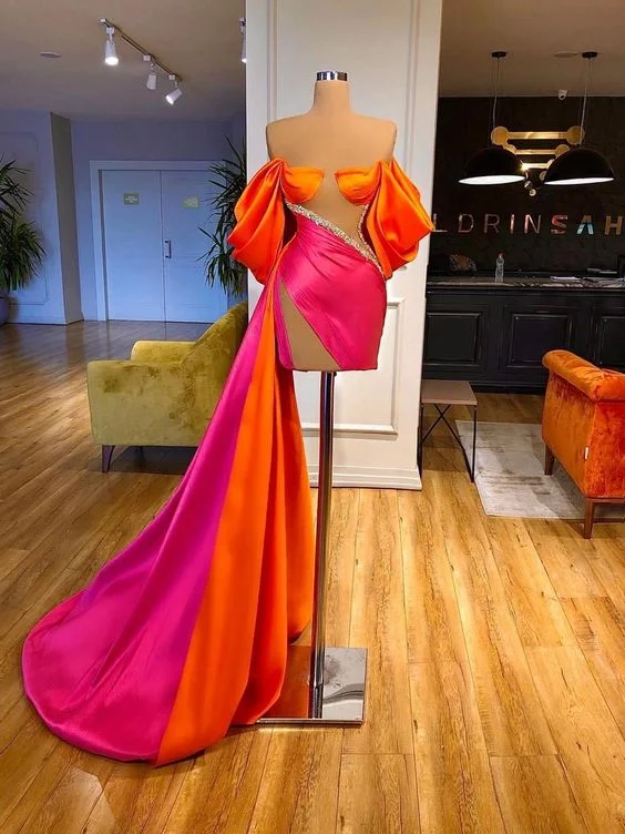 Ruffle Red Elegant Evening Dress -mermaid prom dresses short off the shoulder beaded elegant simple satin formal prom gown C2392