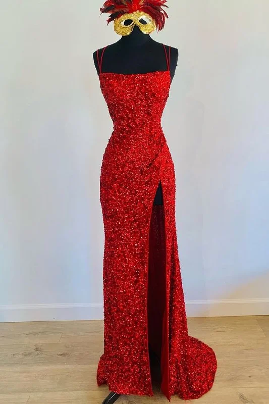 Velvet Cocktail Evening Dress -Mermaid Red Sequin Long Prom Dress with Slit C2294