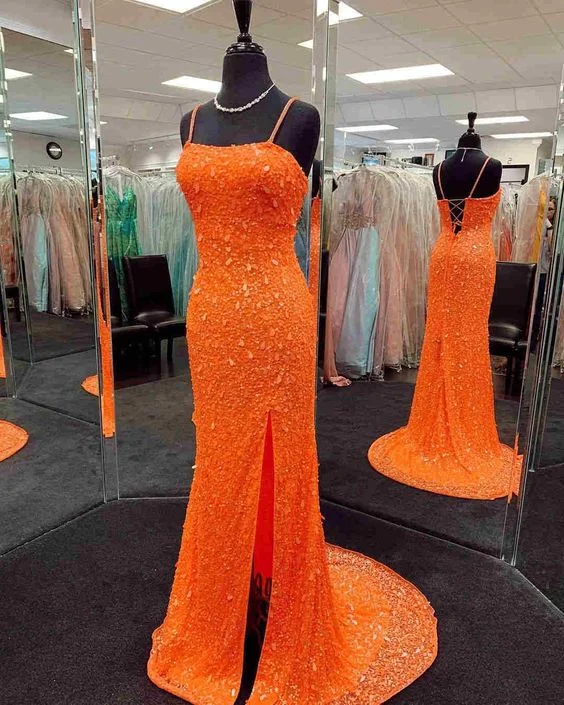 Pleated Lavender Floral Evening Dress -Mermaid Sequined Orange Prom Dress with Slit C2016