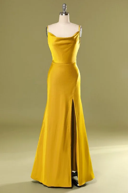 Grey Designer Evening Dress -Mermaid Slit Long Prom Dress - Yellow C2076