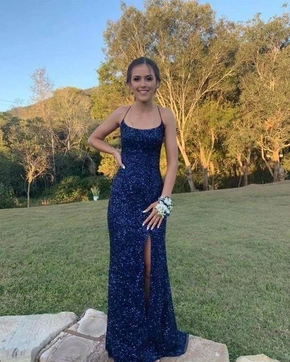 Pink Chic Lace Evening Dress -Navy Blue Sequin Long Prom Dresses Mermaid Cross Back Evening Party Dresses C2261