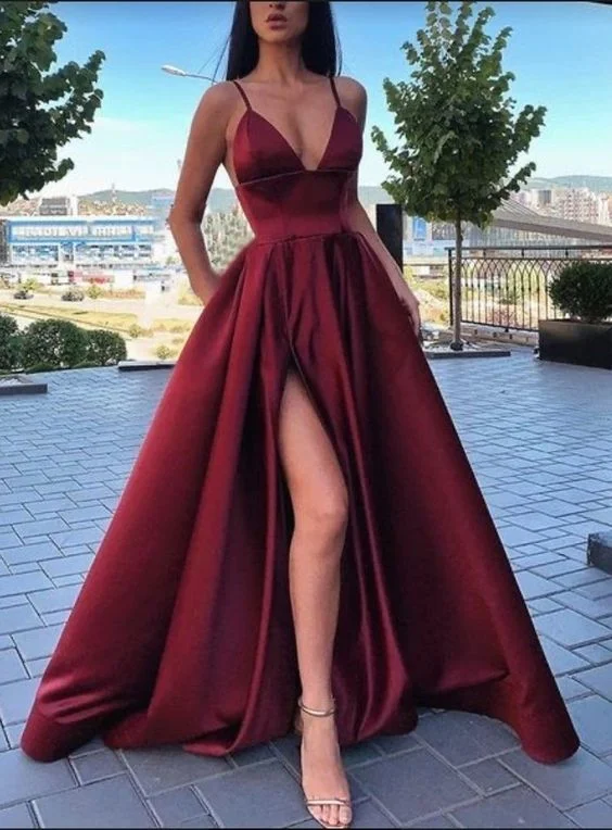 Backless Silver One Shoulder Evening Dress -New Designer V-neck A-line Prom Dresses - Burgundy C2018