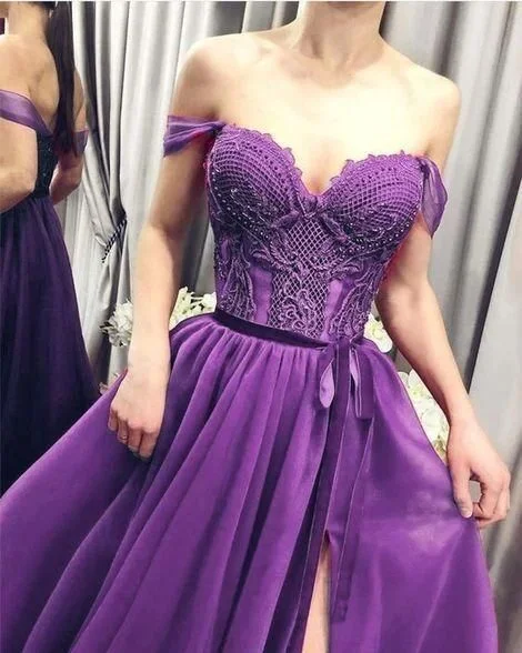 Navy Evening Dress -Off Shoulder Purple Split Slit Long Prom Dresses Formal Evening Dresses C2338