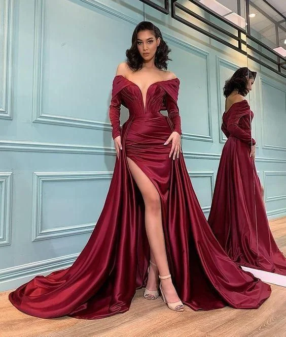 Silver Long Sleeve Party Evening Dress -Off the shoulder deep v neck satin long prom dress, mermaid prom dress C1952