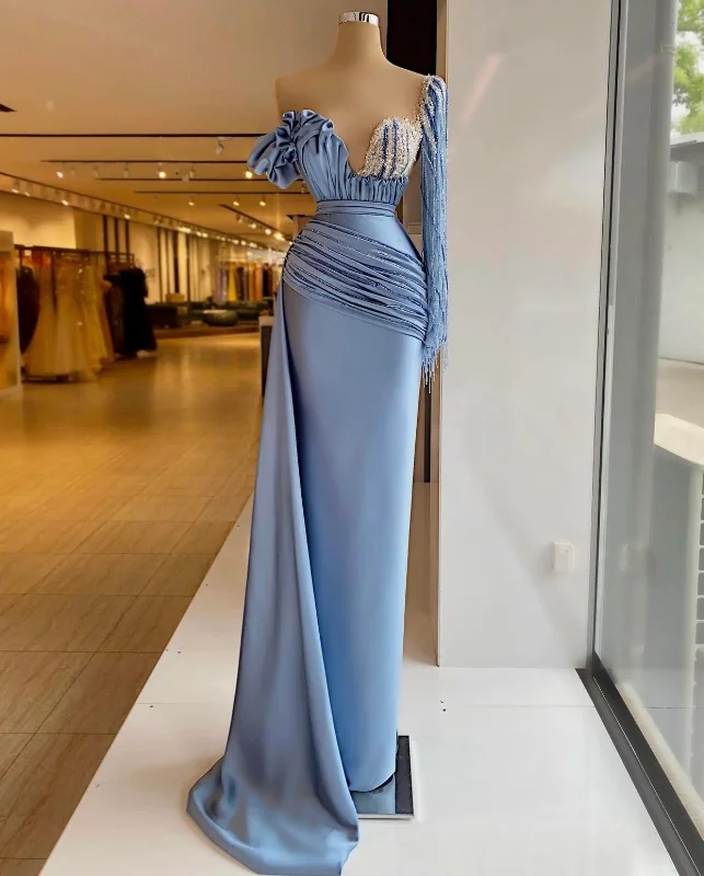 Long Sleeve Turquoise Plus Size Evening Dress -One Shoulder Blue Mermaid Evening Dresses Crystal Long Sleeve Beaded Formal Prom Dress Custom Made Plus Size Pageant Wear Party Dress C2405