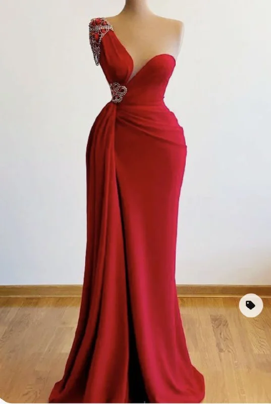 Cocktail Blue Retro Evening Dress -One Shoulder Red Prom Dresses with Beading c2469