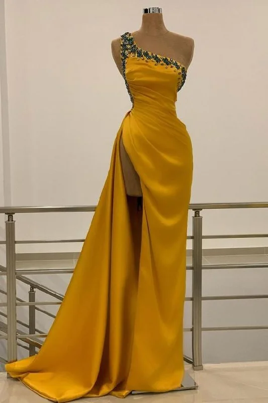 Silver Sparkly Evening Dress -One Shoulder Yellow Slit Prom Dress Long With Beads C2079