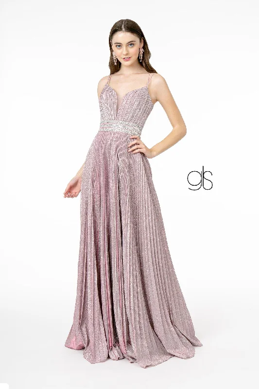 Glamorous Evening Dress -Pleated Long A-Line Metallic Glitter Dress by Elizabeth K GL2905