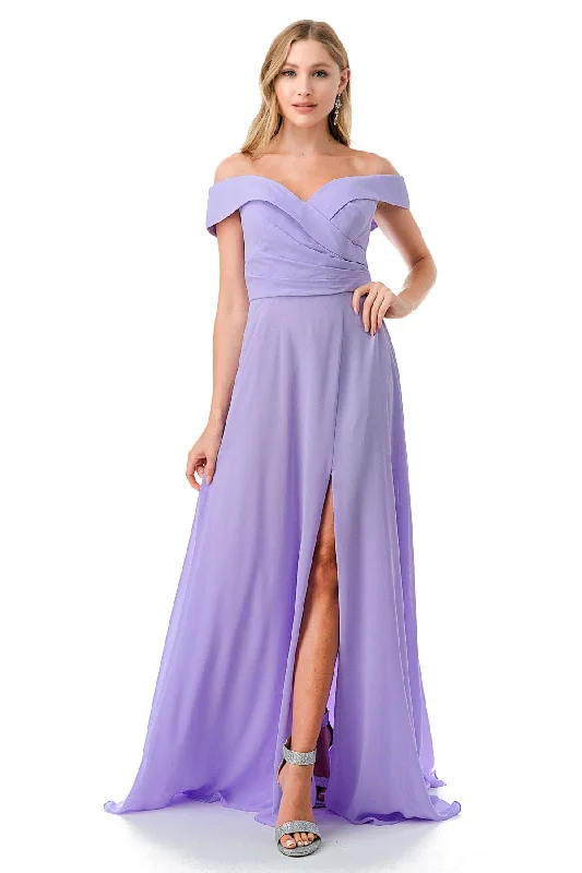 Ball Gown Purple Off Shoulder Evening Dress -Pleated Off Shoulder A-line Slit Gown by Coya L2767Y