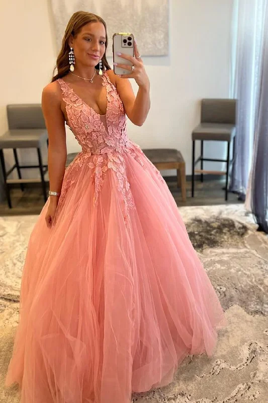 Gold Designer Tulle Evening Dress -Princess A Line Deep V Neck Blush Long Prom Dress with Appliques c2484