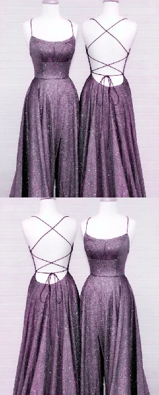 Turquoise Evening Dress -Purple Glitter Prom Dresses Side Split Lace Up Back C2332