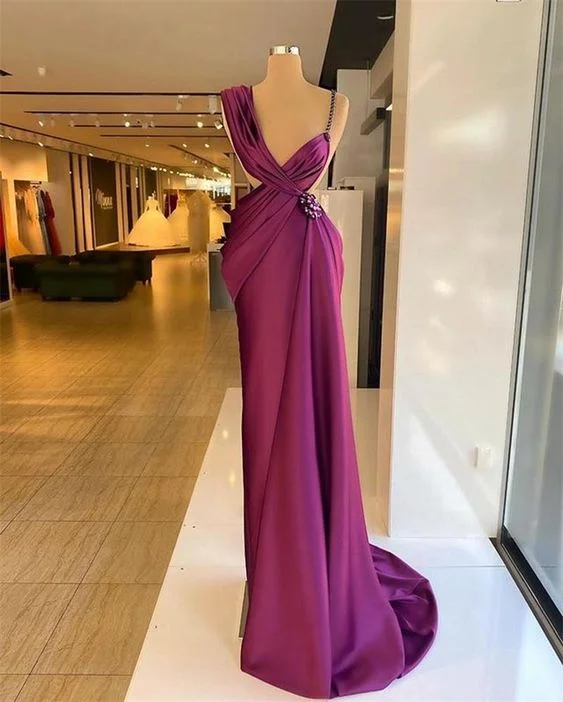 Wedding Black Chic Evening Dress -Purple Prom Dresses Beaded Crystals Ruched Pleats Satin Spaghetti Straps Formal Evening Gown c2470