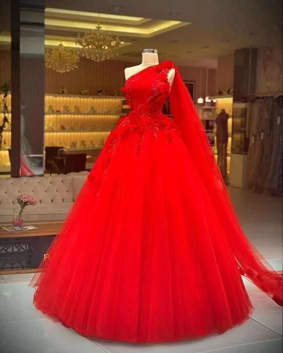 Orange Affordable Tulle Evening Dress -Red ball gown long prom dress, evening dress C2150