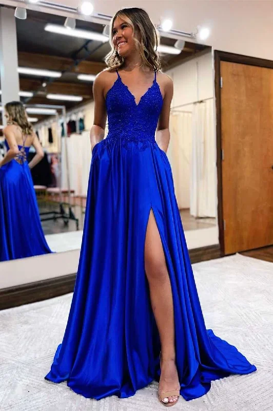 Women’s White Striped Evening Dress -Royal Blue Lace Lace-Up Long Prom Dress C2401