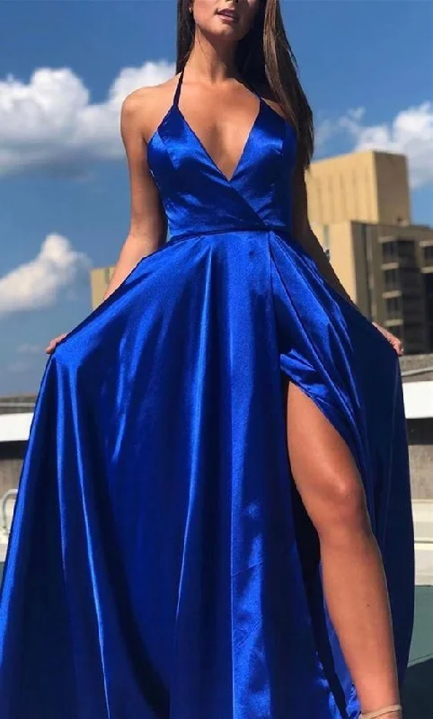 Women’s White Striped Evening Dress -Royal blue long prom dresses, simple prom party dresses, cheap prom dresses C1968