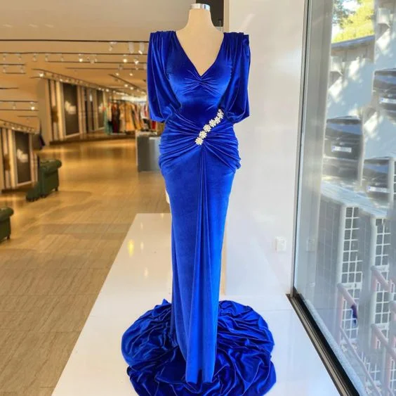 Designer Silver Long Sleeve Evening Dress -Royal Blue Velvet Mermaid Prom Dress Long Puffy Sleeves V-Neck Evening Dress Pleats Beading Evening Gowns C1932