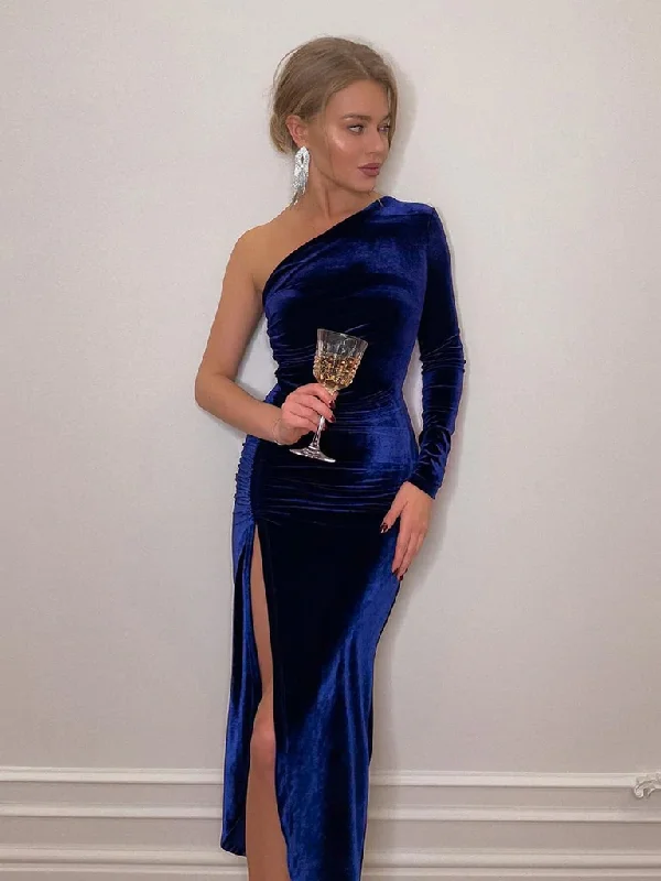 Ball Gown Purple Off Shoulder Evening Dress -Royal Blue Velvet Side Slit Bodycon Prom Dress One Sleeve Prom Dress c2479