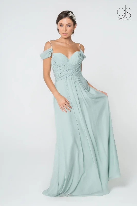 Chic Green Backless Evening Dress -Ruched Long A-line Cold Shoulder Dress by Elizabeth K GL2824