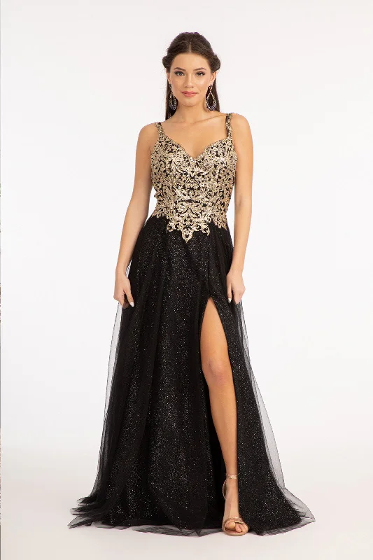 Luxury Evening Dress -Sequin Bodice A-line Slit Gown by Elizabeth K GL3020