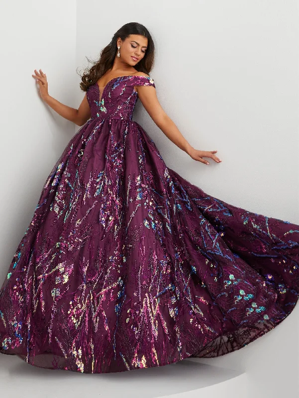 Grey High-End Prom Evening Dress -Sequin Print Off Shoulder A-line Gown by Panoply 14128