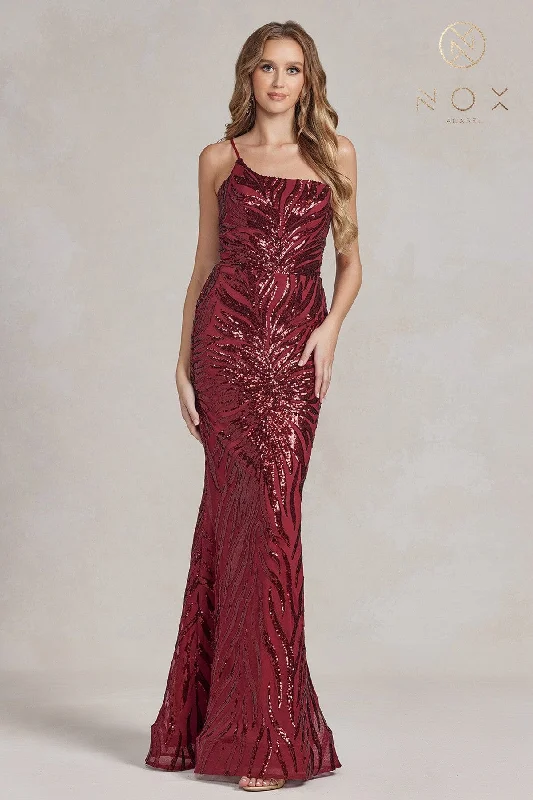 Black Tie Evening Dress -Sequin Print One Shoulder Gown by Nox Anabel R1204