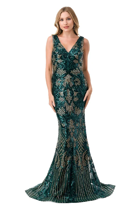 Mermaid Green Long Sleeve Evening Dress -Sequin Print Sleeveless Mermaid Dress by Coya M2803Y