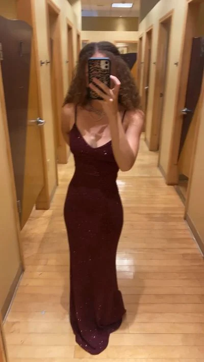 Beaded Lavender Elegant Evening Dress -Sexy Burgundy Spaghetti Straps Low Neck Prom Dresses with Cross Back C1794