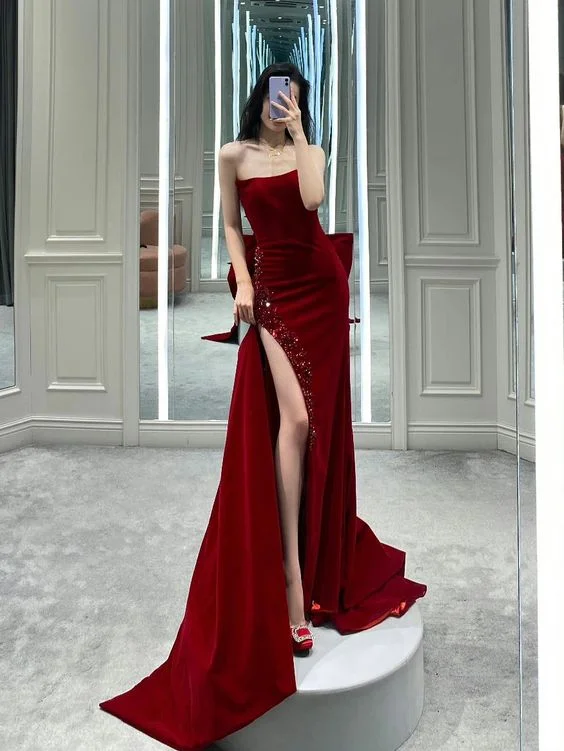 Maroon Evening Dress -Sexy Mermaid Prom Dress With Hight Split C2105