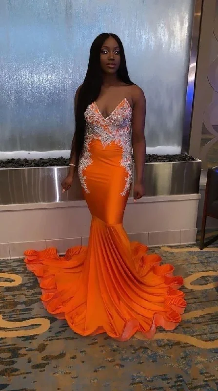 Teen Blue Striped Evening Dress -Sexy Orange Mermaid Prom Dresses  C1586