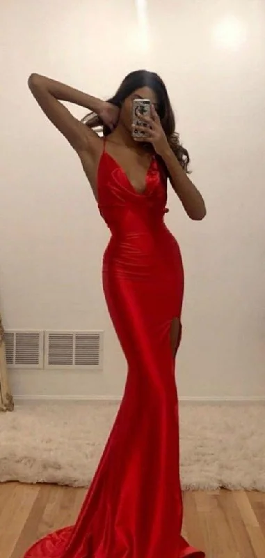 Sexy V-neck Mermaid Long Red Prom Dresses C365