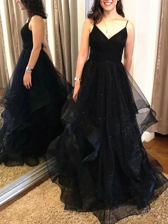 Sheath Orange Sleeveless Evening Dress -Shiny A Line V Neck Black Backless Prom Dresses, Black Open Back Formal Evening Dresses C583