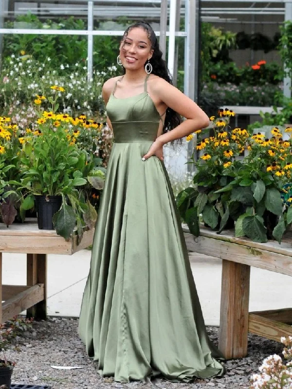 Classy Lace Evening Dress -Simple green satin long prom dress, green evening dress  C2071