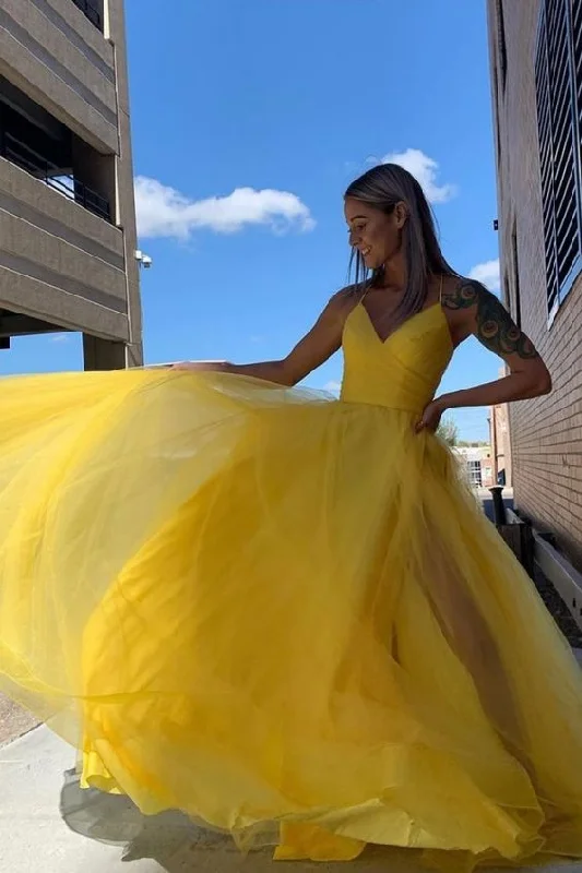 Ruffle Silver Evening Dress -Simple V-Neck Yellow Long Prom Dress  C965