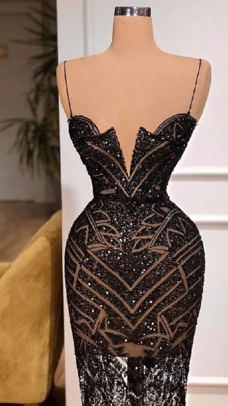 Embroidered Evening Dress -Spaghetti Straps Black Prom Dress, Sexy Evening Dress C2100