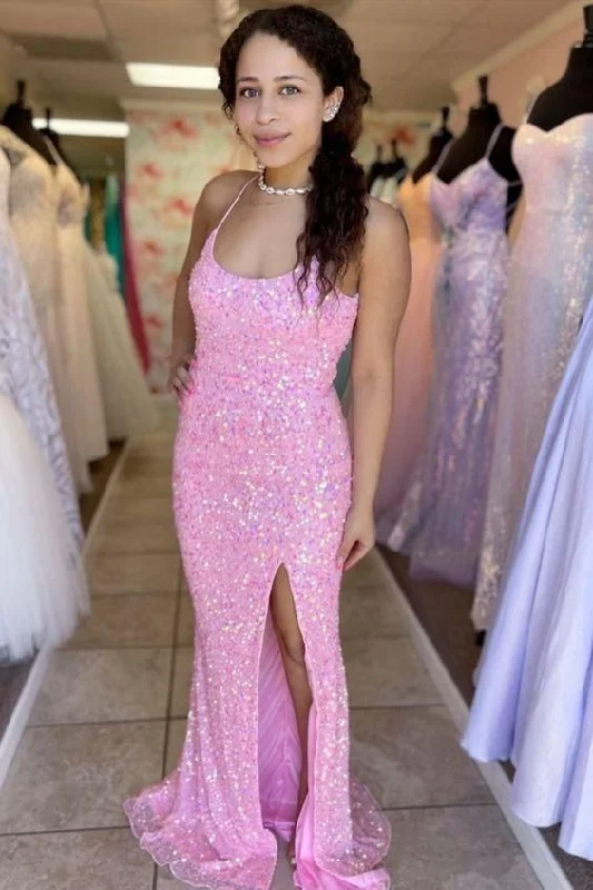 Prom Orange Evening Dress -Spaghetti Straps Pink Sequins Mermaid Prom Dress C921