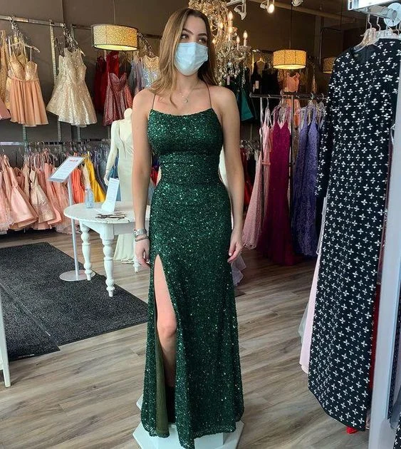 Petite Black Polka Dot Evening Dress -Sparkly Sheath Scoop Neck Dark Green Sequins Prom Dresses, Split Evening Dress C2176