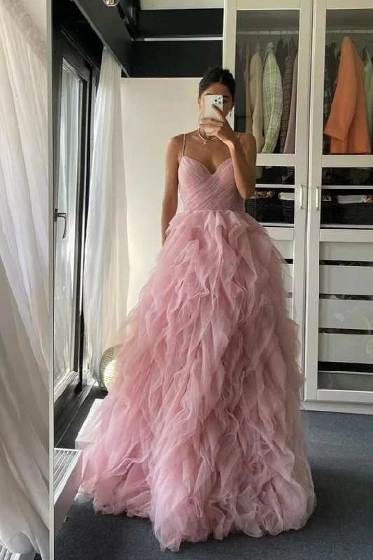 High Neck Lavender Pleated Evening Dress -Straps Blush Pink Prom Dress with Cacasding Ruffles C964