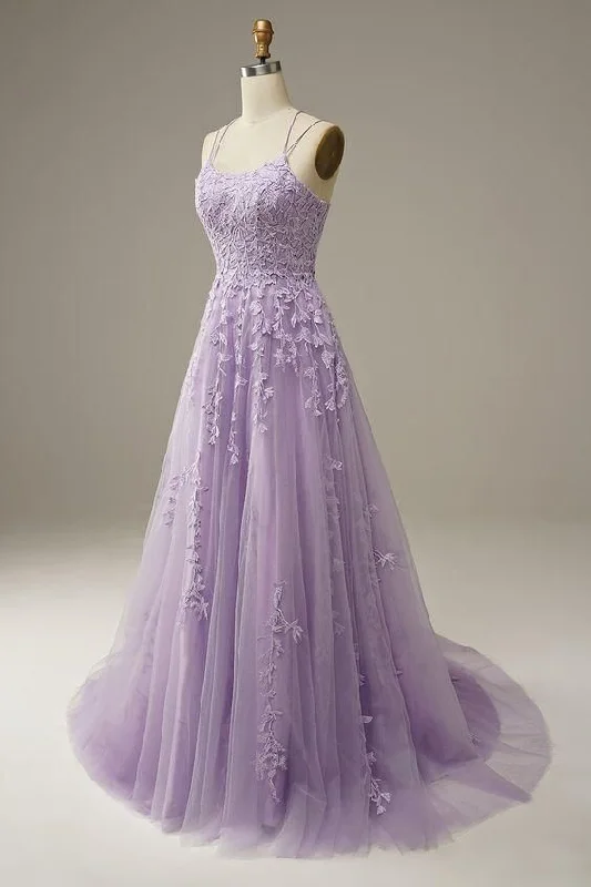 Red Carpet Purple Luxury Evening Dress -Straps Long Prom Dress with Lace Appliques C384