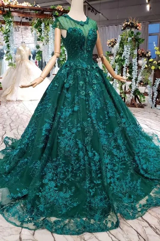 Chic Green Backless Evening Dress -Stunning Round Neck Cap Sleeves Prom Dress with Appliques  C513