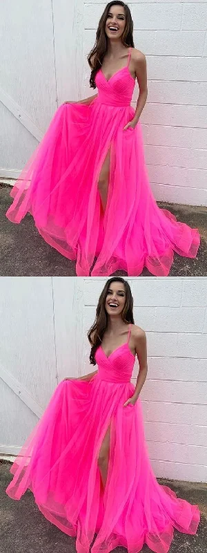 Lavender Wedding Evening Dress -Stylish A Line V Neck Hot Pink Long Prom Dresses with High Slit, V Neck Hot Pink Formal Dresses, Hot Pink Evening Dresses C2306