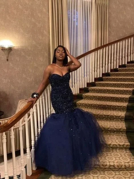 Backless Silver Plus Size Evening Dress -Sweetheart Navy Blue Mermaid Prom Dress With Beading  C1678