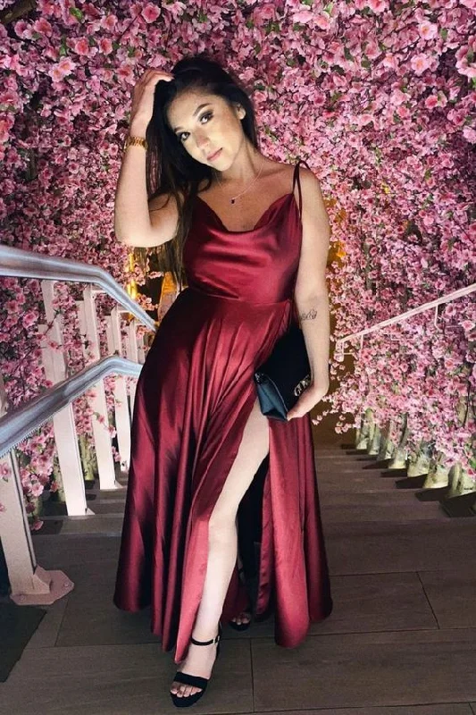 Red Chic Silk Evening Dress -Tie shoulder burgundy a-line long prom dress with C944