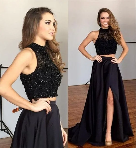 Wedding Black Modern Evening Dress -Two Piece Black Prom Dresses Slit C423