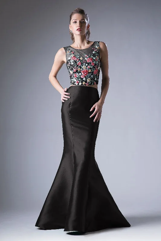 Gold One Shoulder Evening Dress -Floral Applique 2 Piece Mermaid Gown by Cinderella Divine HW03