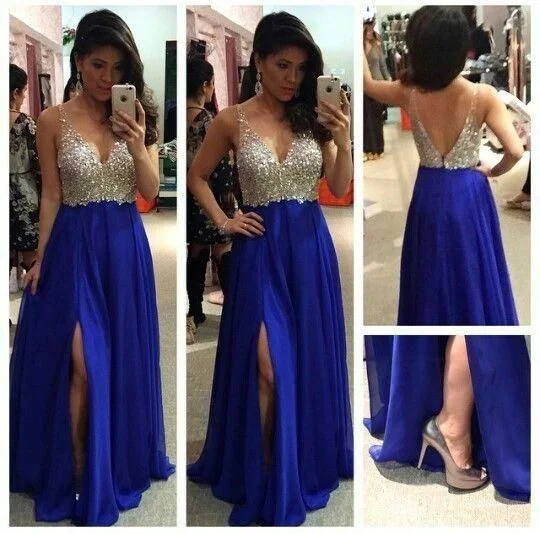 Retro Purple High Neck Evening Dress -V-neck Beaded Long Prom Dress Roayl Blue Formal Dress C765