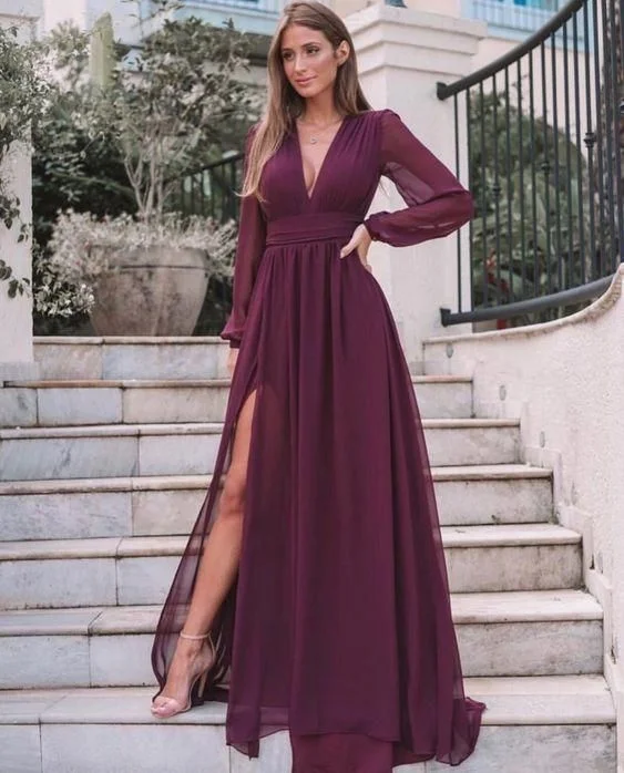 V-Neck Navy Petite Evening Dress -V Neck Chiffon Prom Dresses With Long Sleeves , High Split Party Dress C848