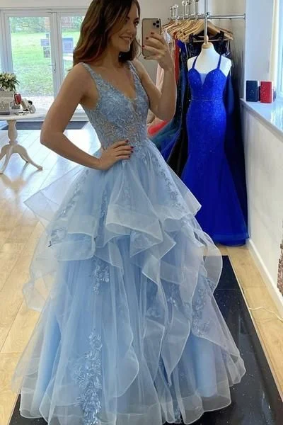 Backless Turquoise Halter Evening Dress -V Neck Fluffy Blue Lace Long Prom Dress, Blue Lace Formal Dress, Layered Blue Evening Dress  C390