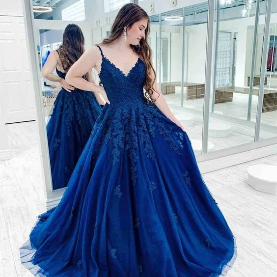 Teal Long Sleeve Wedding Evening Dress -V-Neck Lace Appliques Royal Blue Long Prom Dress  C37