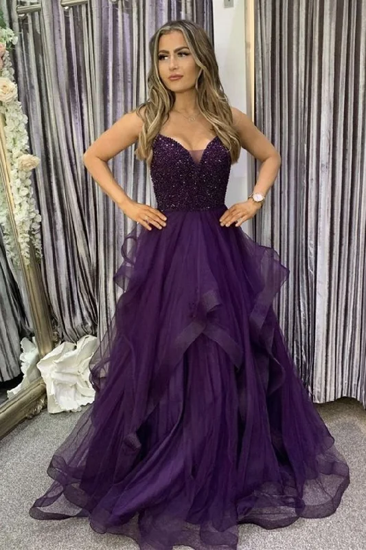 Ball Gown Navy High Neck Evening Dress -V Neck Purple Beaded Long Prom Dress, Fluffy Purple Formal Evening Dress with Beadings C447