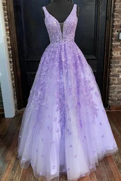 Turquoise Prom Evening Dress -V Neck Purple Lace Long Prom Dress, Long Purple Lace Formal Dress, Lilac Lace Evening Dress C1873